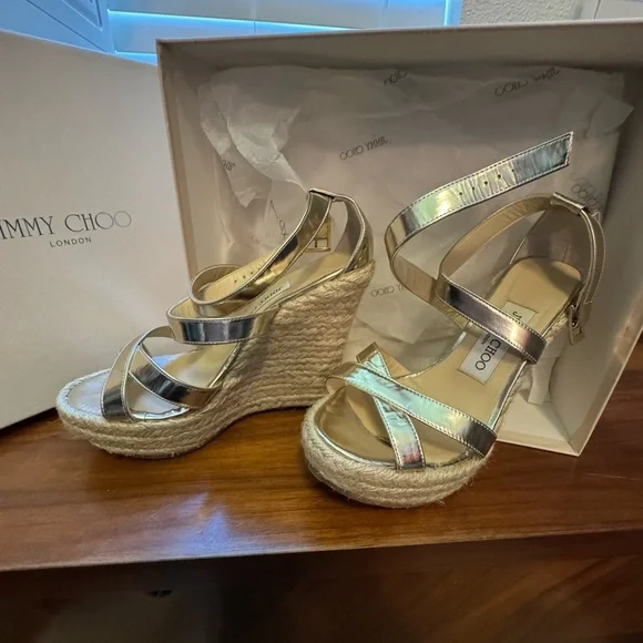 Jimmy Choo Gold/Champage Porto Platform Wedge Espadrille Sandal EU36/6 - Picture 1 of 16